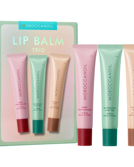 A limited-edition bundle featuring all three flavors of Moroccanoil’s hydrating Argan Butter Lip Balm.