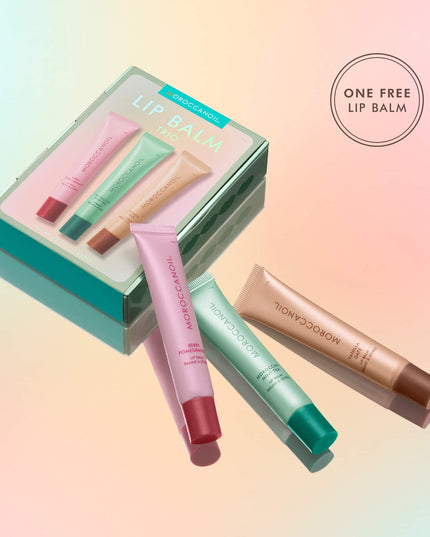 A limited-edition bundle featuring all three flavors of Moroccanoil’s hydrating Argan Butter Lip Balm.