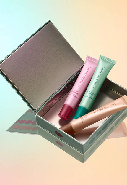A limited-edition bundle featuring all three flavors of Moroccanoil’s hydrating Argan Butter Lip Balm.