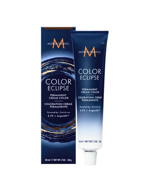 Moroccanoil Color Eclipse Permanent Cream Color delivers high-saturation, high-shine color performance while helping maintain the hair's integrity for strength you can feel. Achieve rich, decadent results and a pure, uniform color payoff from roots to ends with up to 100% coverage of grey or white hair. Strands are left more fortified and up to 87% shinier, with a luminous finish that endures.