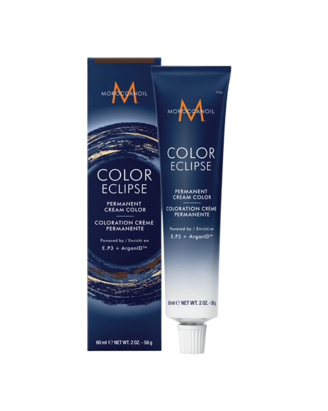 Moroccanoil Color Eclipse Permanent Cream Color delivers high-saturation, high-shine color performance while helping maintain the hair's integrity for strength you can feel. Achieve rich, decadent results and a pure, uniform color payoff from roots to ends with up to 100% coverage of grey or white hair. Strands are left more fortified and up to 87% shinier, with a luminous finish that endures.