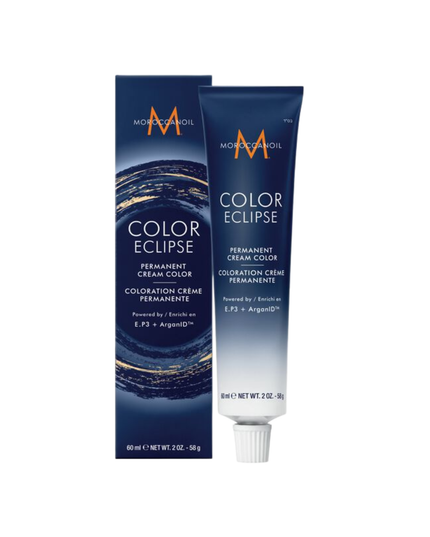 Moroccanoil Color Eclipse Permanent Cream Color delivers high-saturation, high-shine color performance while helping maintain the hair's integrity for strength you can feel. Achieve rich, decadent results and a pure, uniform color payoff from roots to ends with up to 100% coverage of grey or white hair. Strands are left more fortified and up to 87% shinier, with a luminous finish that endures.