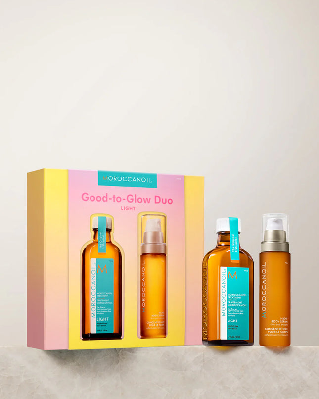 Good-to-Glow Light Duo Includes:

(1) - Moroccanoil Treatment - Light, 3.4 fl. oz.
(1) - Night Body Serum, 1.7 fl. oz.
