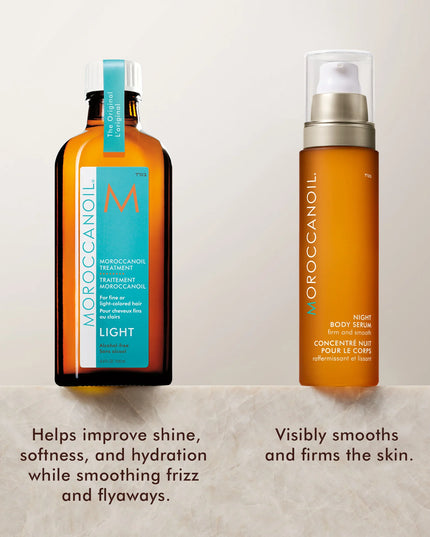 Good-to-Glow Light Duo Includes:

(1) - Moroccanoil Treatment - Light, 3.4 fl. oz.
(1) - Night Body Serum, 1.7 fl. oz.