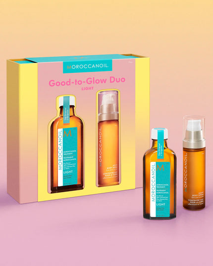 Good-to-Glow Light Duo Includes:

(1) - Moroccanoil Treatment - Light, 3.4 fl. oz.
(1) - Night Body Serum, 1.7 fl. oz.