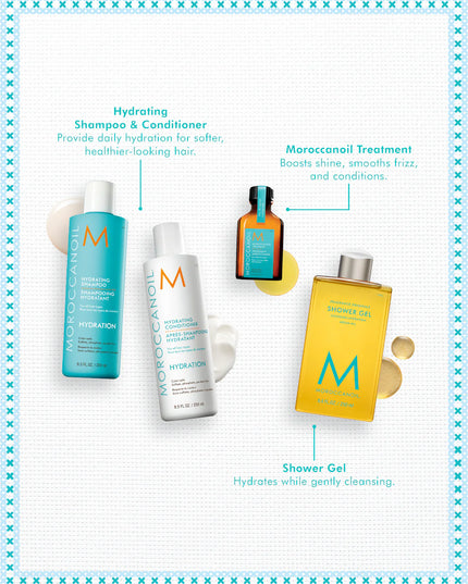 Hydration Kit Includes:

(1) - Hydrating Shampoo, 8.5 fl. oz.
(1) - Hydrating Conditioner, 8.5 fl. oz.
(1) - Original Treatment, 25 mL.
(1) - Shower Gel Fragrance Originale, 8.4 fl. oz.