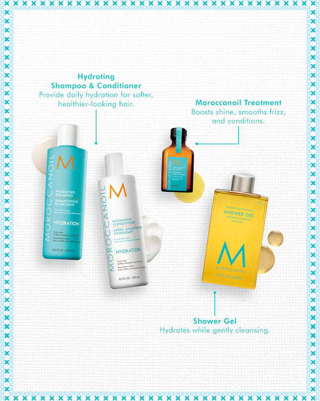 Hydration Kit Includes:

(1) - Hydrating Shampoo, 8.5 fl. oz.
(1) - Hydrating Conditioner, 8.5 fl. oz.
(1) - Original Treatment, 25 mL.
(1) - Shower Gel Fragrance Originale, 8.4 fl. oz.