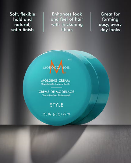 Moroccanoil Molding Cream is a fiber-rich, emollient cream that can be used as a leave-in shaper for creating styles with flexible structure and effortless definition—from backstage looks to street-inspired styles. This versatile formula is infused with thickening fibers that help the hair appear thicker and fuller, with natural-looking texture and enhanced definition, while argan and olive oils work to moisturize, condition, and tame frizz and flyaways.
