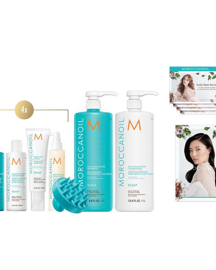 Scalp Collection Intro Includes:

(4) - Scalp Balancing Shampoo, 8.5 fl. oz.
(4) - Scalp Balancing Conditioner, 8.5 fl. oz.
(4) - Scalp Purifying Scrub, 4.2 fl. oz.
(4) - Revitalizing Scalp Tonic, 3.4 fl. oz.
(1) - Scalp Balancing Shampoo, 33.8 fl. oz.
(1) - Scalp Balancing Conditioner, 33.8 fl. oz.
(4) - Exfoliating Scalp Brush
(2) - Scalp Collection Service Menu