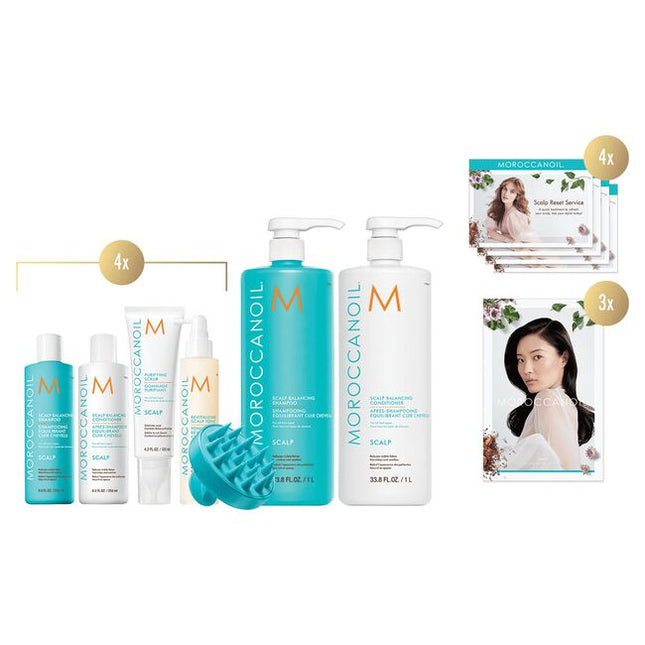 Scalp Collection Intro Includes:

(4) - Scalp Balancing Shampoo, 8.5 fl. oz.
(4) - Scalp Balancing Conditioner, 8.5 fl. oz.
(4) - Scalp Purifying Scrub, 4.2 fl. oz.
(4) - Revitalizing Scalp Tonic, 3.4 fl. oz.
(1) - Scalp Balancing Shampoo, 33.8 fl. oz.
(1) - Scalp Balancing Conditioner, 33.8 fl. oz.
(4) - Exfoliating Scalp Brush
(2) - Scalp Collection Service Menu