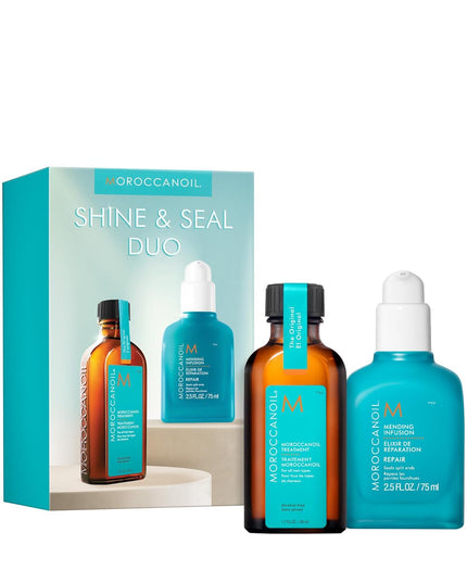 Boost shine and seal split ends with this limited-edition duo. Moroccanoil Treatment fights frizz and increases shine, while Mending Infusion seals up to 90% of split ends. A $67 value.