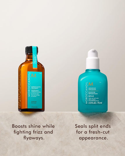 Boost shine and seal split ends with this limited-edition duo. Moroccanoil Treatment fights frizz and increases shine, while Mending Infusion seals up to 90% of split ends. A $67 value.