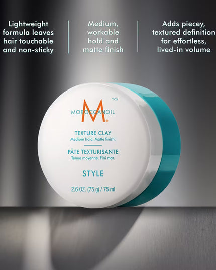 A workable clay that defines and sculpts to create natural looks with a matte finish and medium hold. Featuring a blend of argan oil, shea butter, and bentonite clay for piecey, roughed-up styles. Achieve customizable versatility—this styler allows you to build up the desired level of texture with application and the freedom to re-shape throughout the day. Moroccanoil Texture Clay controls frizz all day and leaves hair with a non-sticky, non-greasy finish.