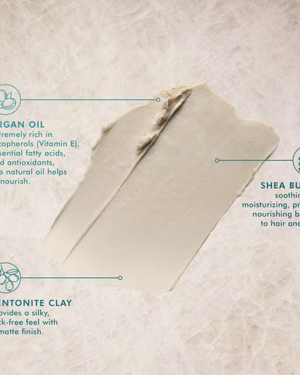 A workable clay that defines and sculpts to create natural looks with a matte finish and medium hold. Featuring a blend of argan oil, shea butter, and bentonite clay for piecey, roughed-up styles. Achieve customizable versatility—this styler allows you to build up the desired level of texture with application and the freedom to re-shape throughout the day. Moroccanoil Texture Clay controls frizz all day and leaves hair with a non-sticky, non-greasy finish.