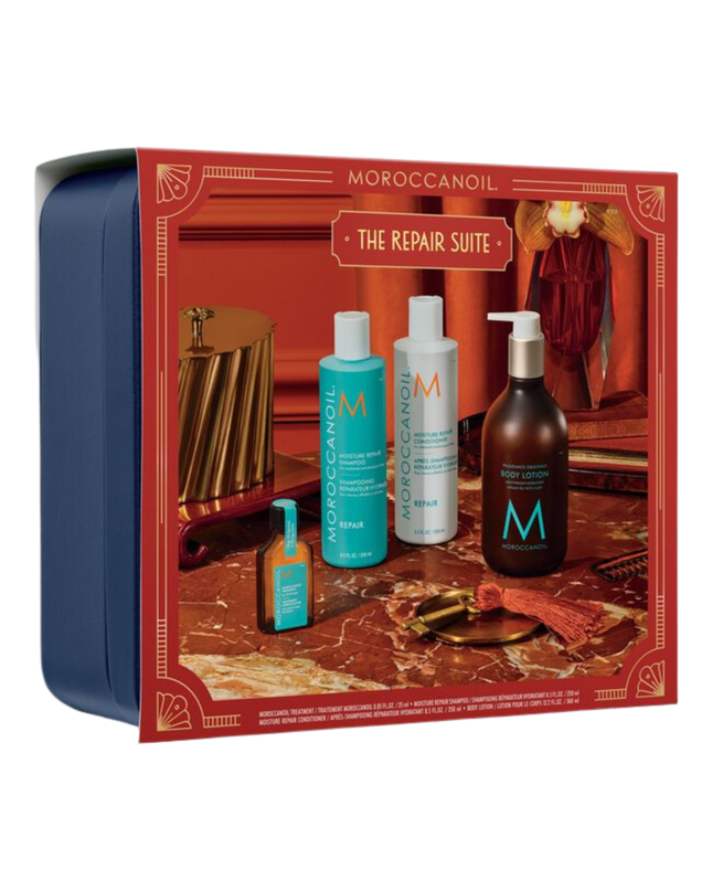 The Repair Suite Kit Includes:

(1) - Body Lotion Fragrance Originale, 12.2 fl. oz.
(1) - Treatment Mist, 0.85 fl. oz.
(1) - Moisture Repair Shampoo, 8.5 fl. oz.
(1) - Moisture Repair Conditioner, 8.5 fl. oz.