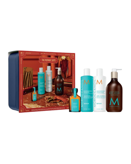 The Repair Suite Kit Includes:

(1) - Body Lotion Fragrance Originale, 12.2 fl. oz.
(1) - Treatment Mist, 0.85 fl. oz.
(1) - Moisture Repair Shampoo, 8.5 fl. oz.
(1) - Moisture Repair Conditioner, 8.5 fl. oz.