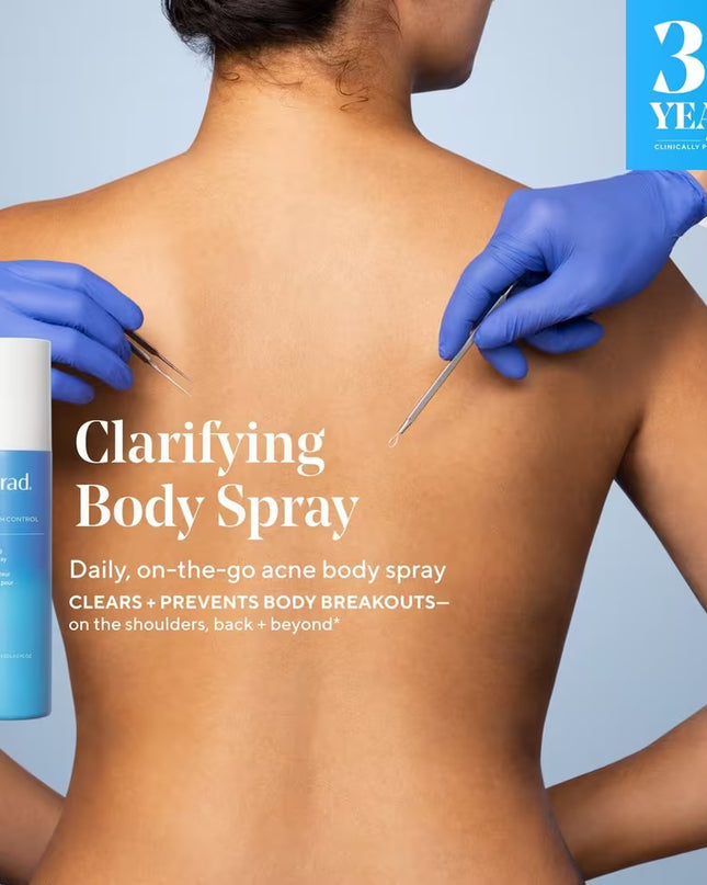 Murad's Clarifying Body Spray with Salicylic Acid is a daily, 360° continuous body spray that clears and prevents body breakouts on the shoulders, back and beyond.