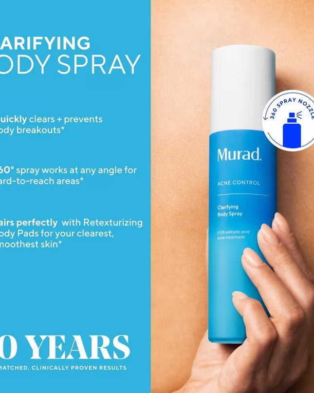 Murad's Clarifying Body Spray with Salicylic Acid is a daily, 360° continuous body spray that clears and prevents body breakouts on the shoulders, back and beyond.