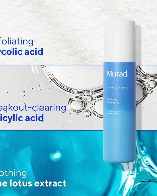 Murad's Clarifying Body Spray with Salicylic Acid is a daily, 360° continuous body spray that clears and prevents body breakouts on the shoulders, back and beyond.