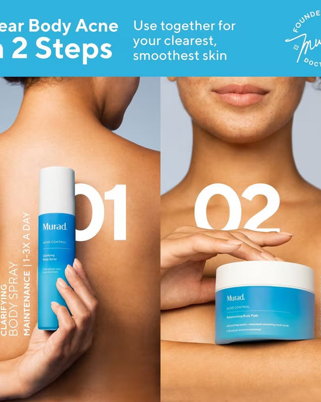 Murad's Clarifying Body Spray with Salicylic Acid is a daily, 360° continuous body spray that clears and prevents body breakouts on the shoulders, back and beyond.