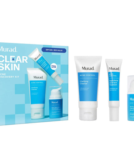 Kit includes travel-size Clarifying Cleanser, Murad's non-stripping, non-drying, foaming gel cleanser that's clinically proven to dissolve excess oil, full-size Rapid Relief Acne Spot Treatment to reduce blemish size and redness in 4 hours, and travel-size Biome-Balancing Clear & Prevent Acne Treatment Serum, an all-over daily treatment serum that clears breakouts and balances the skin’s microbiome to naturally resist future breakouts for clearer, healthier-looking skin