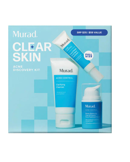Kit includes travel-size Clarifying Cleanser, Murad's non-stripping, non-drying, foaming gel cleanser that's clinically proven to dissolve excess oil, full-size Rapid Relief Acne Spot Treatment to reduce blemish size and redness in 4 hours, and travel-size Biome-Balancing Clear & Prevent Acne Treatment Serum, an all-over daily treatment serum that clears breakouts and balances the skin’s microbiome to naturally resist future breakouts for clearer, healthier-looking skin