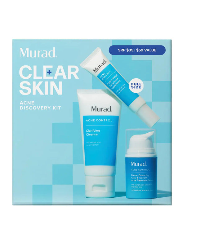 Kit includes travel-size Clarifying Cleanser, Murad's non-stripping, non-drying, foaming gel cleanser that's clinically proven to dissolve excess oil, full-size Rapid Relief Acne Spot Treatment to reduce blemish size and redness in 4 hours, and travel-size Biome-Balancing Clear & Prevent Acne Treatment Serum, an all-over daily treatment serum that clears breakouts and balances the skin’s microbiome to naturally resist future breakouts for clearer, healthier-looking skin