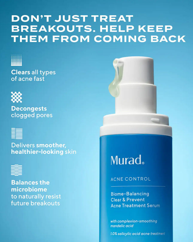 Kit includes travel-size Clarifying Cleanser, Murad's non-stripping, non-drying, foaming gel cleanser that's clinically proven to dissolve excess oil, full-size Rapid Relief Acne Spot Treatment to reduce blemish size and redness in 4 hours, and travel-size Biome-Balancing Clear & Prevent Acne Treatment Serum, an all-over daily treatment serum that clears breakouts and balances the skin’s microbiome to naturally resist future breakouts for clearer, healthier-looking skin