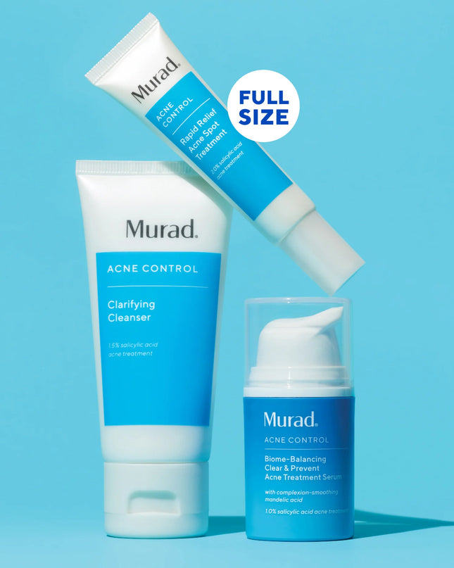 Kit includes travel-size Clarifying Cleanser, Murad's non-stripping, non-drying, foaming gel cleanser that's clinically proven to dissolve excess oil, full-size Rapid Relief Acne Spot Treatment to reduce blemish size and redness in 4 hours, and travel-size Biome-Balancing Clear & Prevent Acne Treatment Serum, an all-over daily treatment serum that clears breakouts and balances the skin’s microbiome to naturally resist future breakouts for clearer, healthier-looking skin