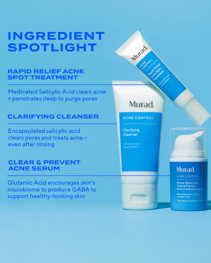 Kit includes travel-size Clarifying Cleanser, Murad's non-stripping, non-drying, foaming gel cleanser that's clinically proven to dissolve excess oil, full-size Rapid Relief Acne Spot Treatment to reduce blemish size and redness in 4 hours, and travel-size Biome-Balancing Clear & Prevent Acne Treatment Serum, an all-over daily treatment serum that clears breakouts and balances the skin’s microbiome to naturally resist future breakouts for clearer, healthier-looking skin