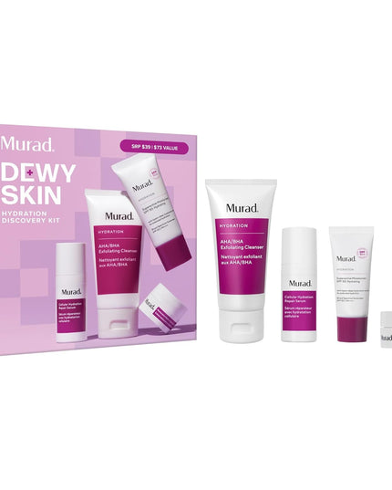 Includes bestselling AHA/BHA Exfoliating Cleanser in a travel try-me size. Clinically proven, 4-piece discovery kit powered by hydration for dewy skin stronger barrier.