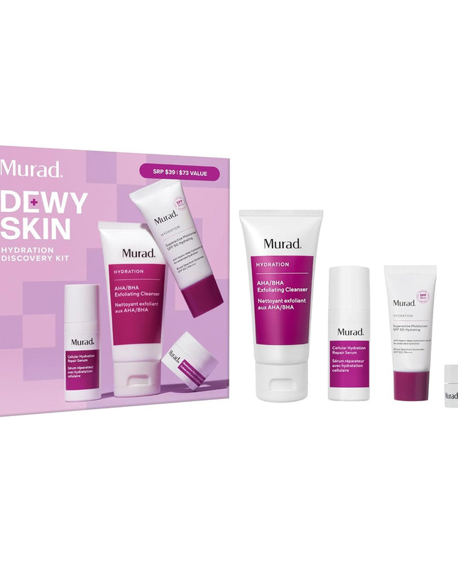 Includes bestselling AHA/BHA Exfoliating Cleanser in a travel try-me size. Clinically proven, 4-piece discovery kit powered by hydration for dewy skin stronger barrier.