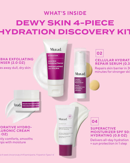 Includes bestselling AHA/BHA Exfoliating Cleanser in a travel try-me size. Clinically proven, 4-piece discovery kit powered by hydration for dewy skin stronger barrier.
