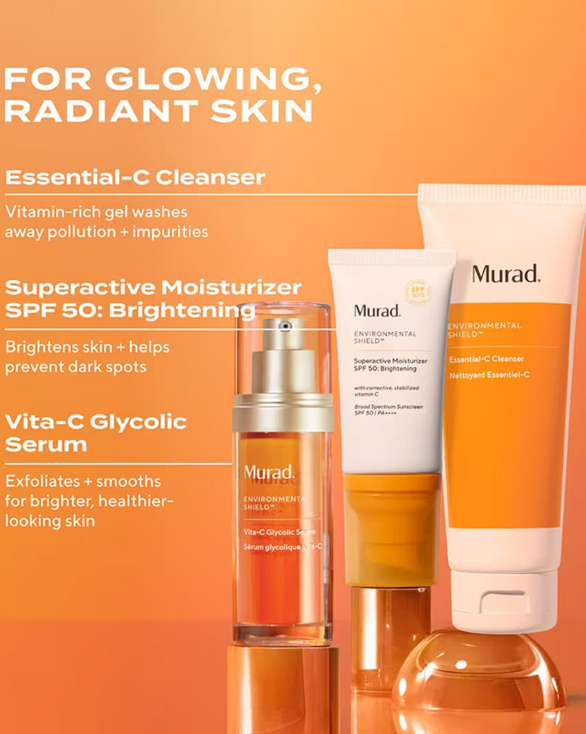 3-piece discovery kit includes travel-sizes of vitamin-rich Essential-C Cleanser that washes away impurities and urban pollution, Vita-C Glycolic Serum with super-stable vitamin C for dramatically brighter, healthier-looking skin, and Superactive Moisturizer SPF 50: Brightening (formerly Essential-C Day Moisture SPF 50), an ultra-sheer, moisturizing SPF with 10x more vitamin C† to visibly brighten after 1 use.