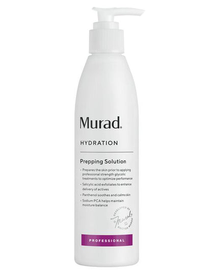 Murad Professional Prepping Solution preps the skin prior to applying the AHA Rapid Exfoliator treatments for even application. Salicylic Acid enhances professional treatment performance. Panthenol soothes and calms skin. Sodium PCA restores skin suppleness.