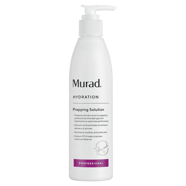Murad Professional Prepping Solution preps the skin prior to applying the AHA Rapid Exfoliator treatments for even application. Salicylic Acid enhances professional treatment performance. Panthenol soothes and calms skin. Sodium PCA restores skin suppleness.