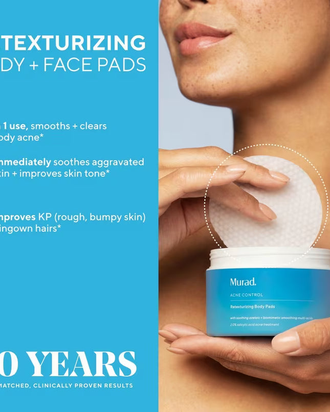Murad's Retexturizing Body Pads with Salicylic Acid are a super smoothing, acne-fighting body treatment that swiftly wipe out breakouts, KP and ingrown hairs-all while soothing inflamed skin.