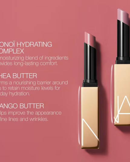 NARS Afterglow Sensual Shine Lipstick is a color-meets-care hybrid lipstick with dimensional shine and 8-hour hydration.