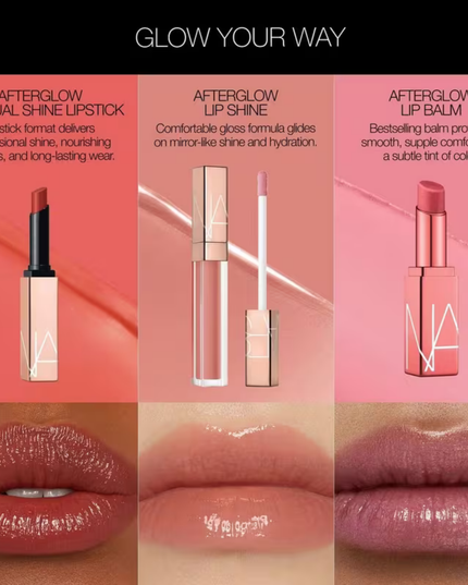 NARS Afterglow Sensual Shine Lipstick is a color-meets-care hybrid lipstick with dimensional shine and 8-hour hydration.