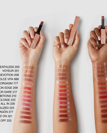 NARS Afterglow Sensual Shine Lipstick is a color-meets-care hybrid lipstick with dimensional shine and 8-hour hydration.