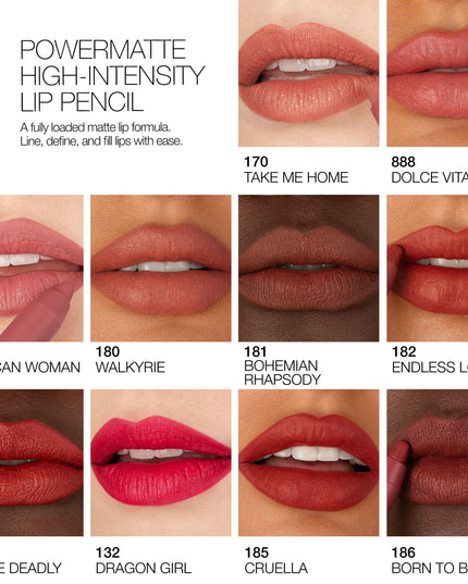 Potency meets precision with Powermatte High-Intensity Lip Pencil, a fully loaded matte lip formula charged with up to 12-hour staying power. Transformative cream-to-matte texture applies effortlessly and seals in a bold, matte finish. Choose from 10 power shades and let lips dry down fully for transfer-proof results. Power Pigment Complex—a dynamic blend of pure pigments and color-locking ingredients—saturates lips with dense color that glides effortlessly and wears comfortably. Power. Pigment. Precision. 