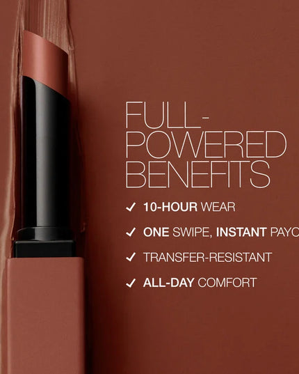 Play with a high-intensity matte sensation. In just one swipe it glides on bold color that lasts for 10 hours and sets to a smooth, matte finish. Power Pigment Complex—a dynamic blend of pure pigments and color-locking ingredients—saturates lips with dense color that glides effortlessly and wears comfortably all day. A lineup of 24 transfer-resistant shades let you choose every power move. High intensity. Zero weight. All-out comfort.