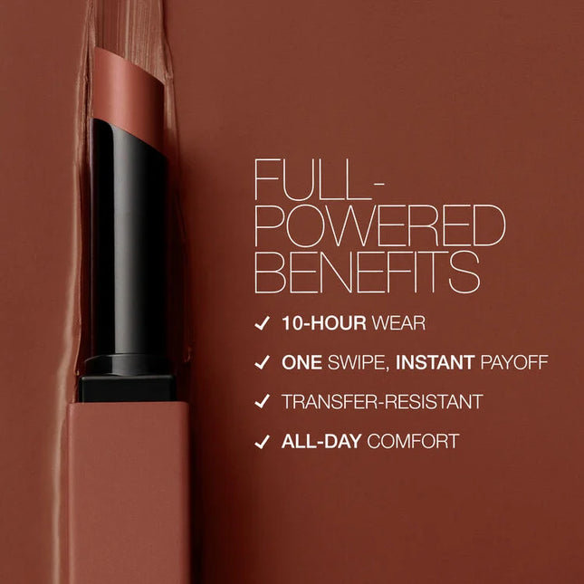 Play with a high-intensity matte sensation. In just one swipe it glides on bold color that lasts for 10 hours and sets to a smooth, matte finish. Power Pigment Complex—a dynamic blend of pure pigments and color-locking ingredients—saturates lips with dense color that glides effortlessly and wears comfortably all day. A lineup of 24 transfer-resistant shades let you choose every power move. High intensity. Zero weight. All-out comfort.