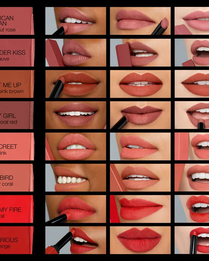 Play with a high-intensity matte sensation. In just one swipe it glides on bold color that lasts for 10 hours and sets to a smooth, matte finish. Power Pigment Complex—a dynamic blend of pure pigments and color-locking ingredients—saturates lips with dense color that glides effortlessly and wears comfortably all day. A lineup of 24 transfer-resistant shades let you choose every power move. High intensity. Zero weight. All-out comfort.