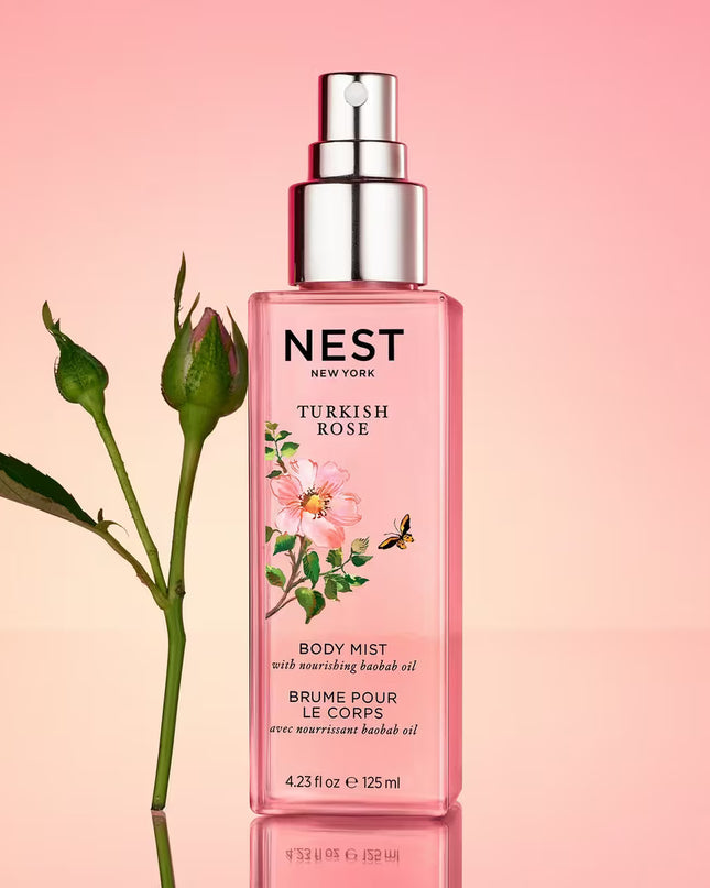 Wander through Turkey’s legendary rose fields with NEST New York's lightweight Turkish Rose Body Mist featuring notes of dewy rose, black plum, and hints of saffron warmed by blonde woods.