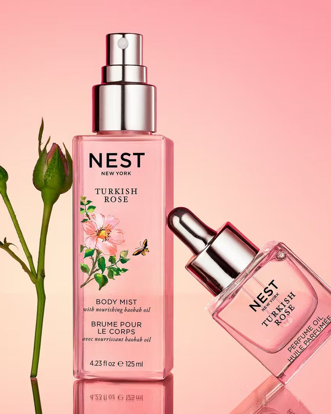 Wander through Turkey’s legendary rose fields with NEST New York's lightweight Turkish Rose Body Mist featuring notes of dewy rose, black plum, and hints of saffron warmed by blonde woods.