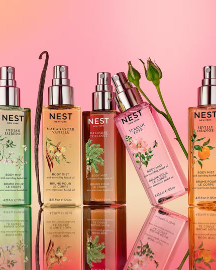 Wander through Turkey’s legendary rose fields with NEST New York's lightweight Turkish Rose Body Mist featuring notes of dewy rose, black plum, and hints of saffron warmed by blonde woods.