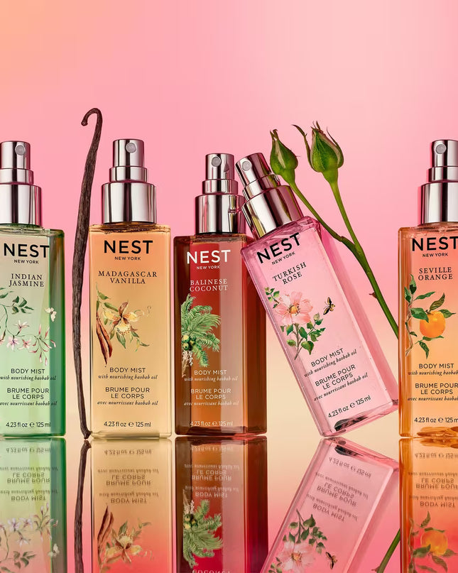 Wander through Turkey’s legendary rose fields with NEST New York's lightweight Turkish Rose Body Mist featuring notes of dewy rose, black plum, and hints of saffron warmed by blonde woods.
