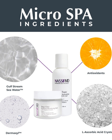 Unleash the power of vitamin C, AHAs, BHAs and peptides with this Radiance Resurfacing Micro Peel. Inspired by Dr. Nassif’s medical spas, the first step of this two-step process is a mask with vitamin C crystals which exfoliates and removes dead skin cells. 