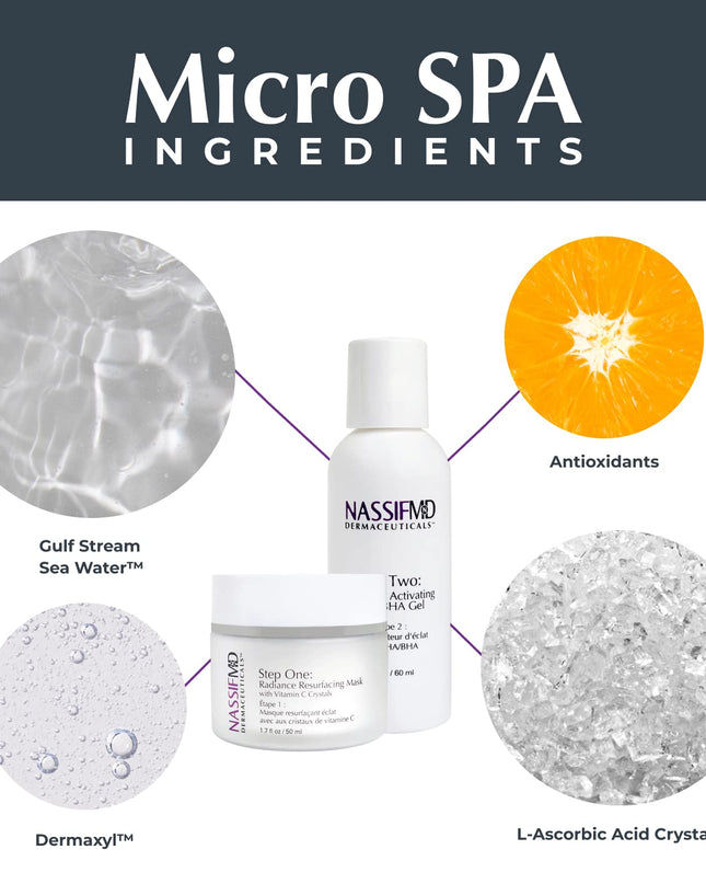 Unleash the power of vitamin C, AHAs, BHAs and peptides with this Radiance Resurfacing Micro Peel. Inspired by Dr. Nassif’s medical spas, the first step of this two-step process is a mask with vitamin C crystals which exfoliates and removes dead skin cells. 